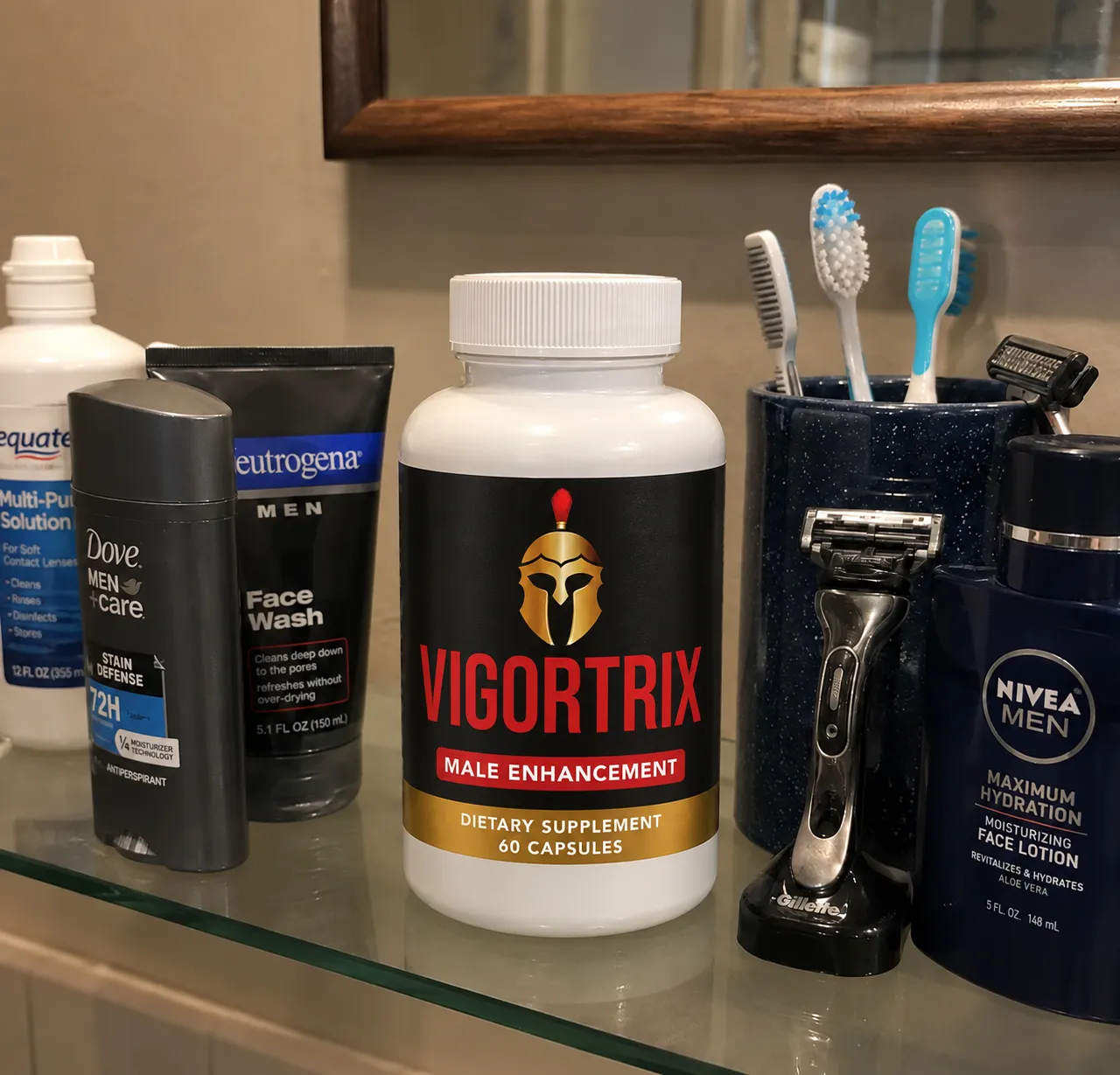 Vigortrix on bathroom counter